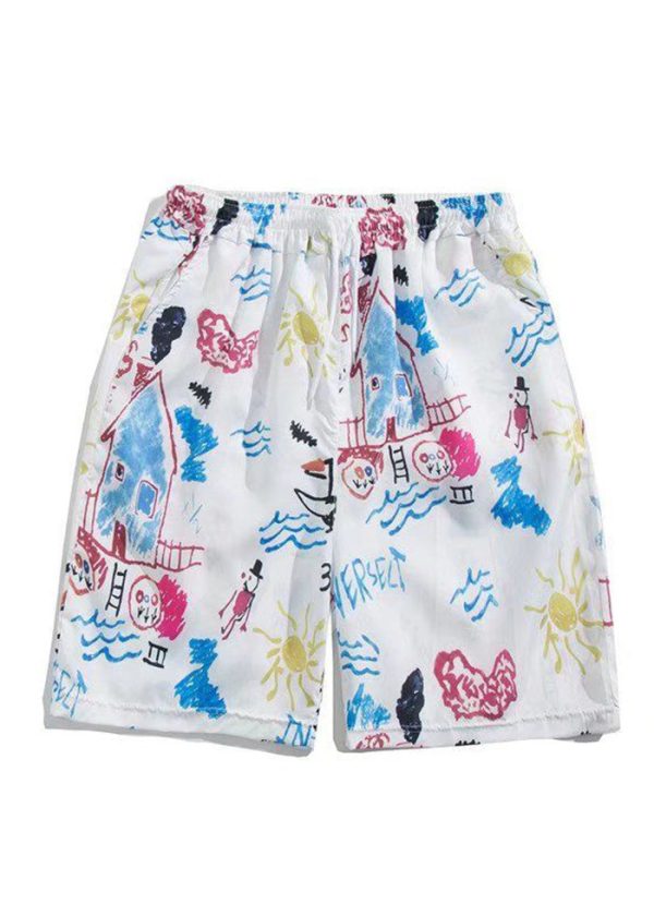 Beach White Print Elastic Waist Cotton Summer Men Beach Shorts - Image 3