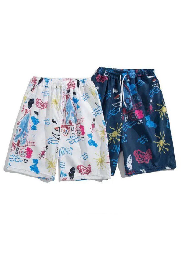 Beach White Print Elastic Waist Cotton Summer Men Beach Shorts - Image 4