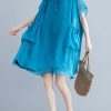 Beach stand collar pockets chiffon stylish Fabrics blue Love Dresses Summer