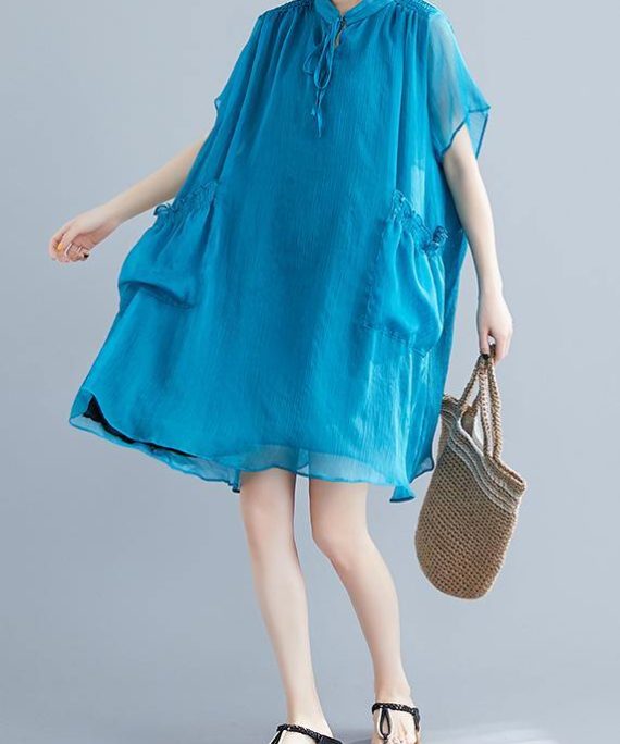Beach stand collar pockets chiffon stylish Fabrics blue Love Dresses Summer