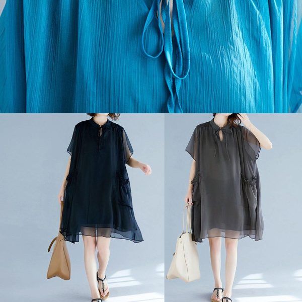 Beach stand collar pockets chiffon stylish Fabrics blue Love Dresses Summer - Image 5