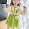Beautiful Apricot O-Neck Tulle Patchwork Kids Mid Dress Fall