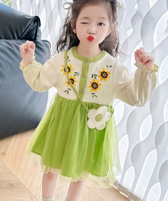 Beautiful Apricot O-Neck Tulle Patchwork Kids Mid Dress Fall