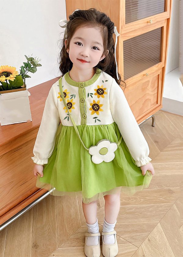 Beautiful Apricot O-Neck Tulle Patchwork Kids Mid Dress Fall - Image 2