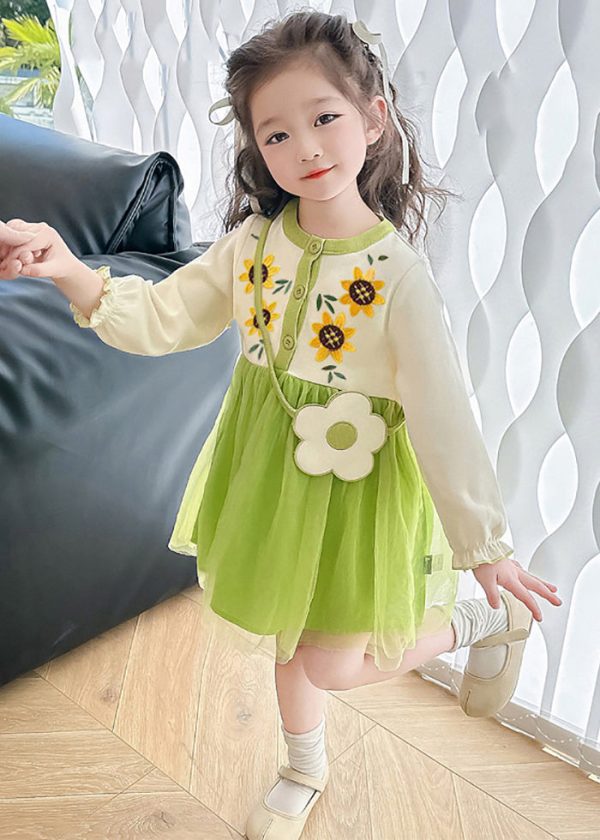 Beautiful Apricot O-Neck Tulle Patchwork Kids Mid Dress Fall - Image 4