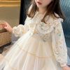 Beautiful Apricot Peter Pan Collar Patchwork Tulle Girls Long Dresses Long Sleeve