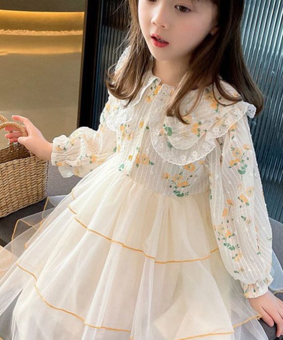 Beautiful Apricot Peter Pan Collar Patchwork Tulle Girls Long Dresses Long Sleeve