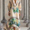 Beautiful Apricot V Neck Print Chiffon Holiday Dress Summer
