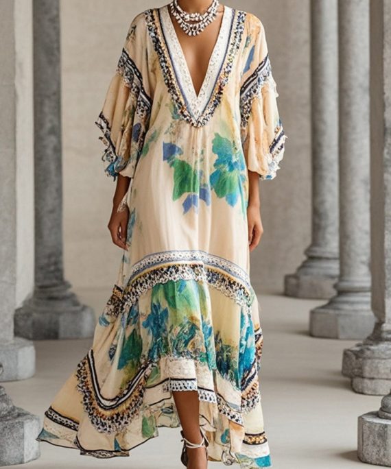 Beautiful Apricot V Neck Print Chiffon Holiday Dress Summer
