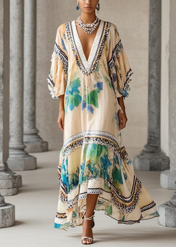 Beautiful Apricot V Neck Print Chiffon Holiday Dress Summer - Image 3