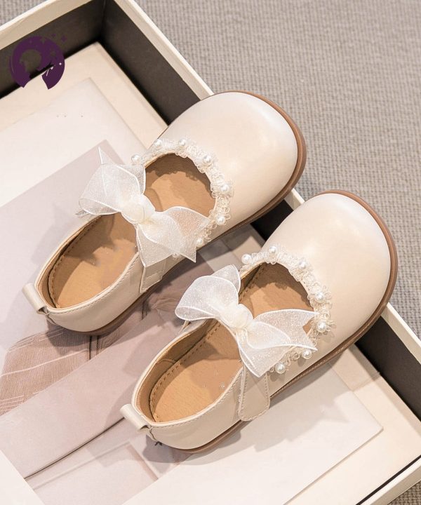Beautiful Beige Pearl Tulle Bow For Girls Buckle Strap Platform Flat Shoes - Image 3