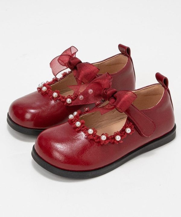 Beautiful Beige Pearl Tulle Bow For Girls Buckle Strap Platform Flat Shoes - Image 4
