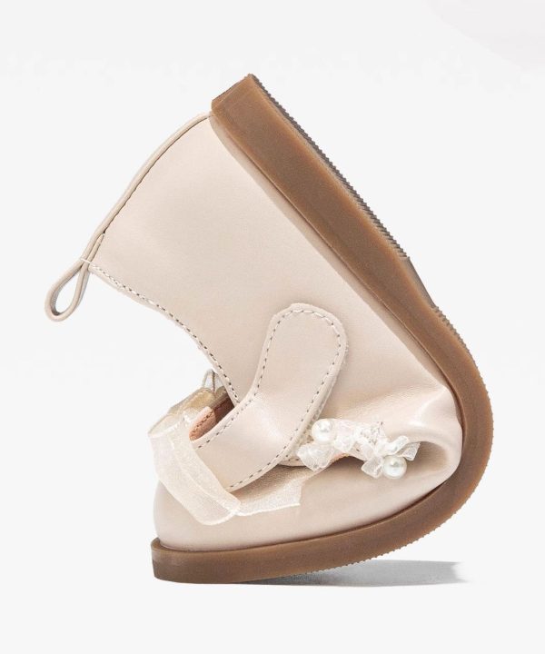 Beautiful Beige Pearl Tulle Bow For Girls Buckle Strap Platform Flat Shoes - Image 5