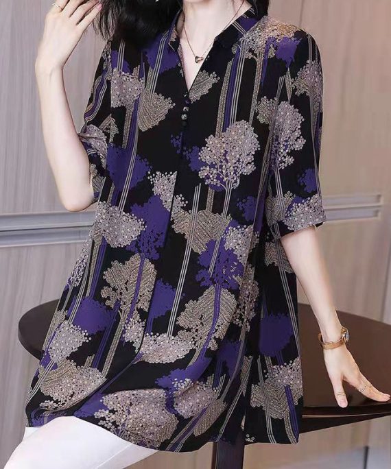 Beautiful Black Button Peter Pan Collar Print Chiffon Shirt Tops Half Sleeve