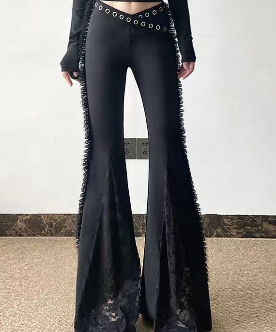 Beautiful Black Eyelash Patchwork Lace Bell-bottom Trousers Pants Spring