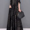 Beautiful Black O-Neck Print Pockets Long Dresses Short Sleeve