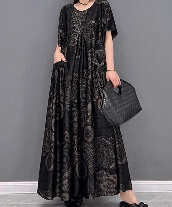 Beautiful Black O-Neck Print Pockets Long Dresses Short Sleeve
