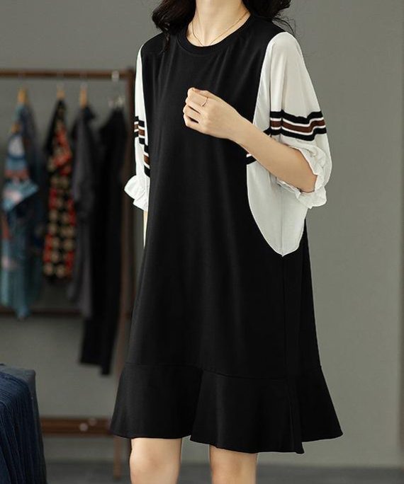 Beautiful Black Patchwork Batwing Sleeve Summer Cotton Dress