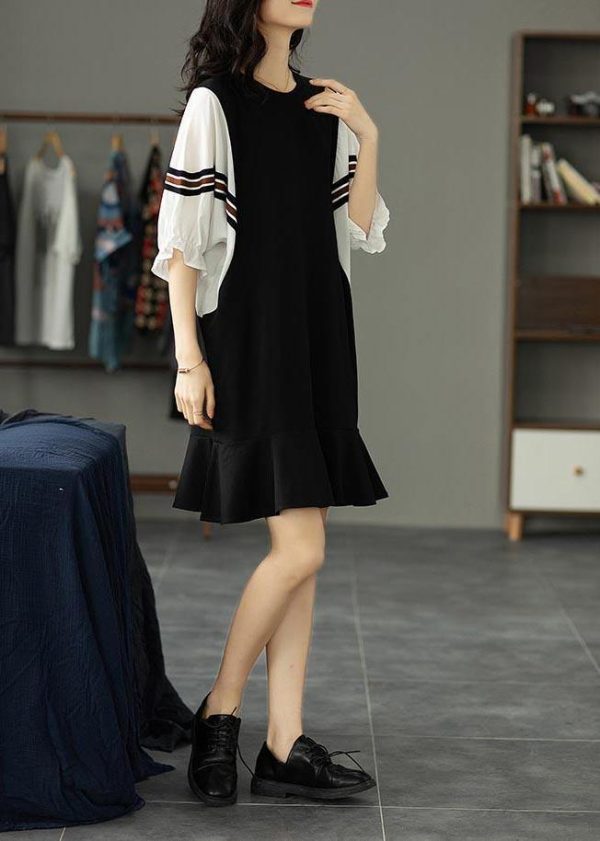 Beautiful Black Patchwork Batwing Sleeve Summer Cotton Dress - Image 3