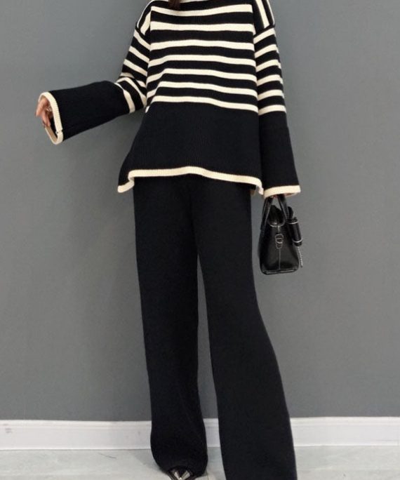 Beautiful Black Turtle Neck Striped Knit Two Piece Suit Set Spring