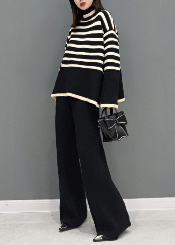 Beautiful Black Turtle Neck Striped Knit Two Piece Suit Set Spring - Image 3