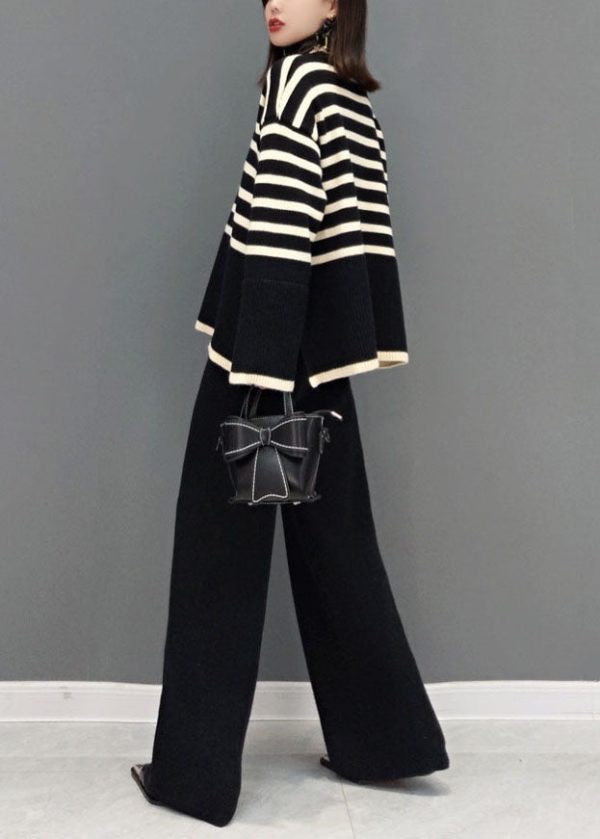 Beautiful Black Turtle Neck Striped Knit Two Piece Suit Set Spring - Image 4