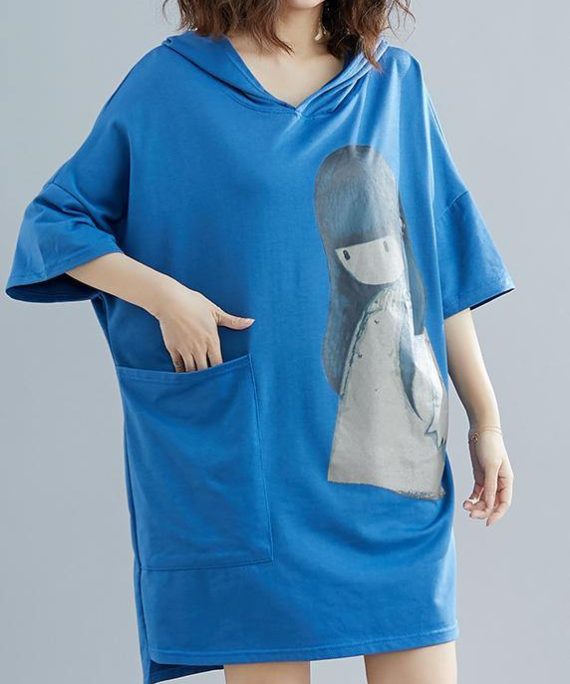 Beautiful Blue Appliques Cotton hooded Summer Party Dress