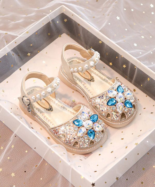Beautiful Blue Crystal Hollow Out Girls Buckle Strap Flat Sandals - Image 2