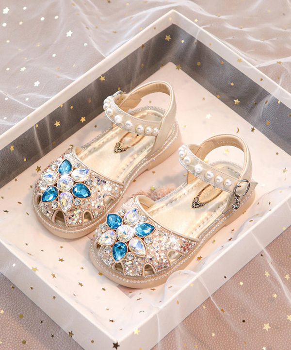 Beautiful Blue Crystal Hollow Out Girls Buckle Strap Flat Sandals - Image 4