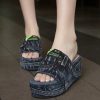 Beautiful Blue Denim Wedge Slide Sandals Peep Toe