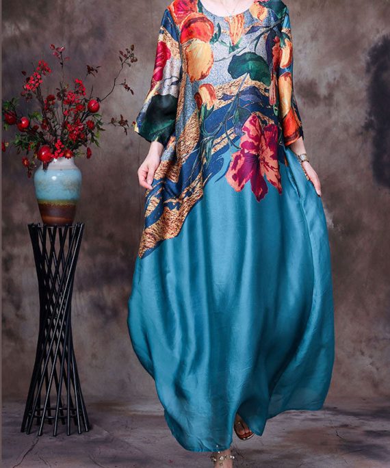 Beautiful Blue O-Neck Print 2025 Silk Long Dress Bracelet Sleeve