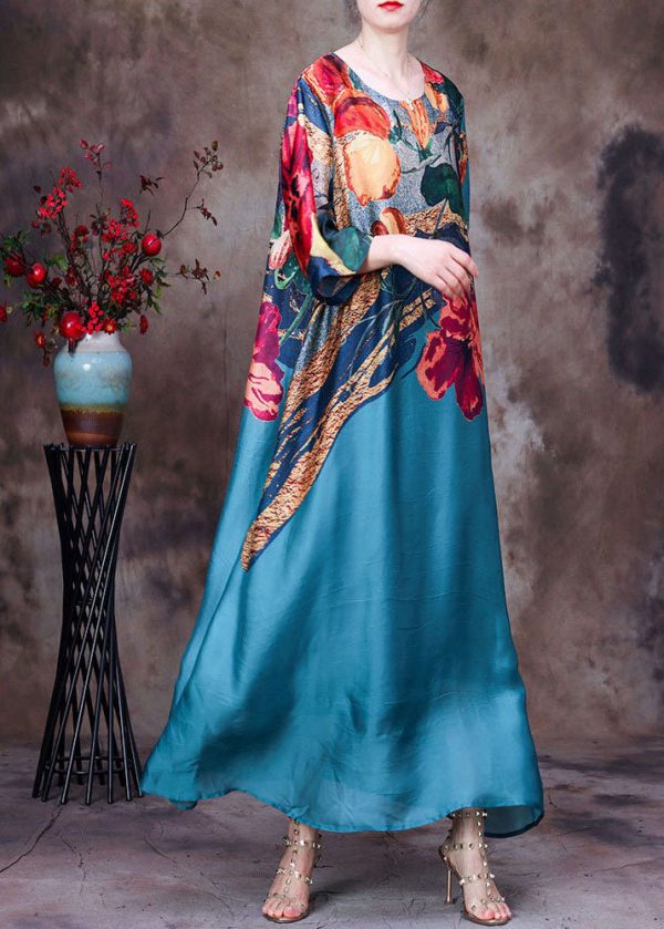 Beautiful Blue O-Neck Print 2025 Silk Long Dress Bracelet Sleeve - Image 3