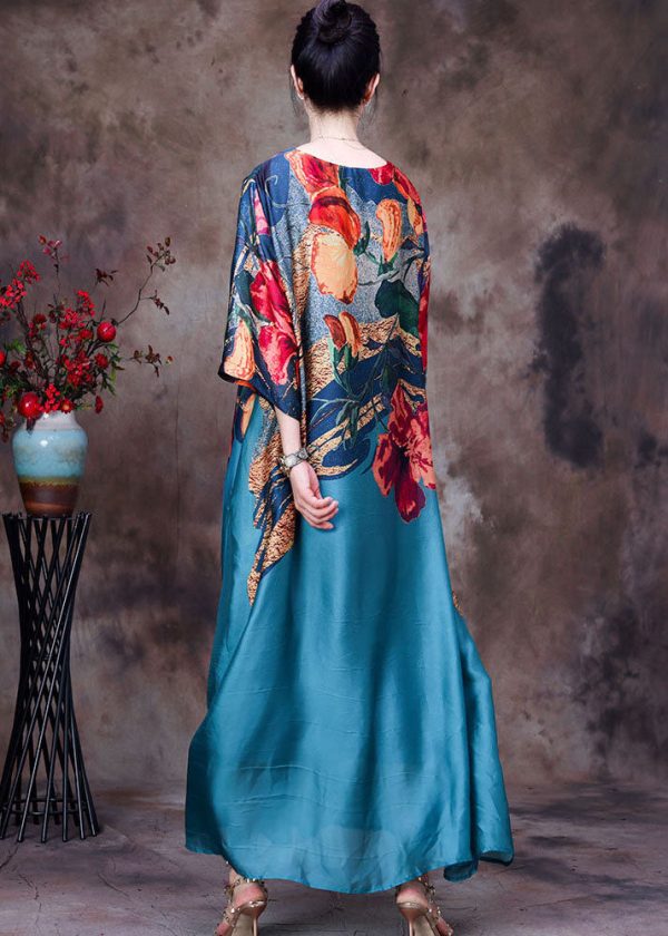 Beautiful Blue O-Neck Print 2025 Silk Long Dress Bracelet Sleeve - Image 4