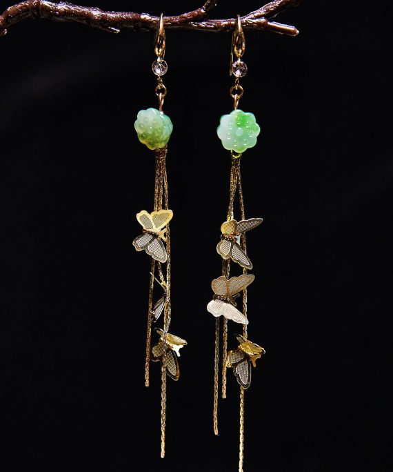 Beautiful Butterfly Tassels Naturally Jade Drop Earrings