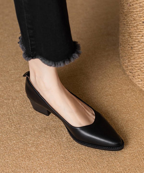 Beautiful Chunky Heel Beige Cowhide Leather Pointed Toe - Image 2