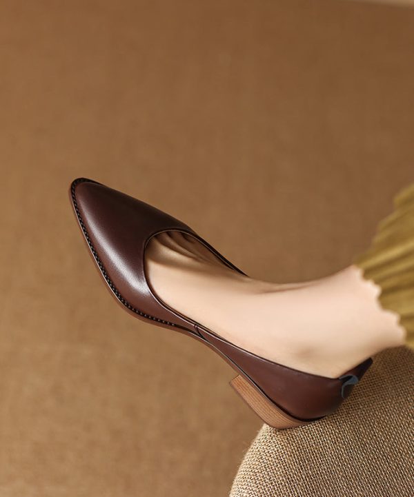 Beautiful Chunky Heel Beige Cowhide Leather Pointed Toe - Image 3