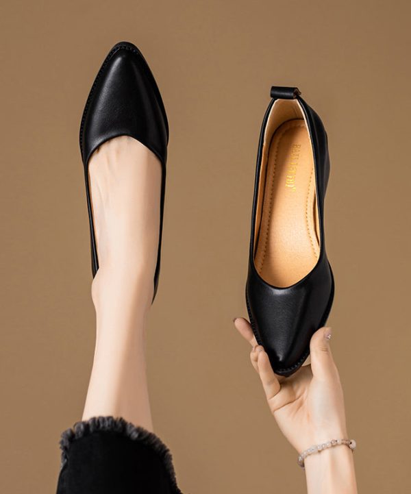 Beautiful Chunky Heel Beige Cowhide Leather Pointed Toe - Image 5