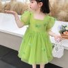 Beautiful Green Square Collar Patchwork Tulle Girls Long Dresses Short Sleeve