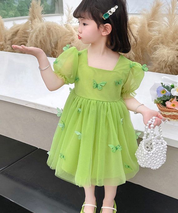 Beautiful Green Square Collar Patchwork Tulle Girls Long Dresses Short Sleeve