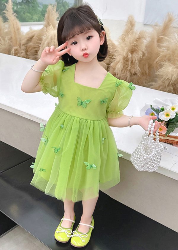 Beautiful Green Square Collar Patchwork Tulle Girls Long Dresses Short Sleeve - Image 3