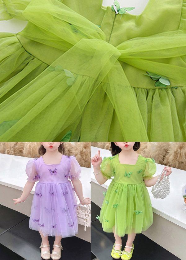 Beautiful Green Square Collar Patchwork Tulle Girls Long Dresses Short Sleeve - Image 5