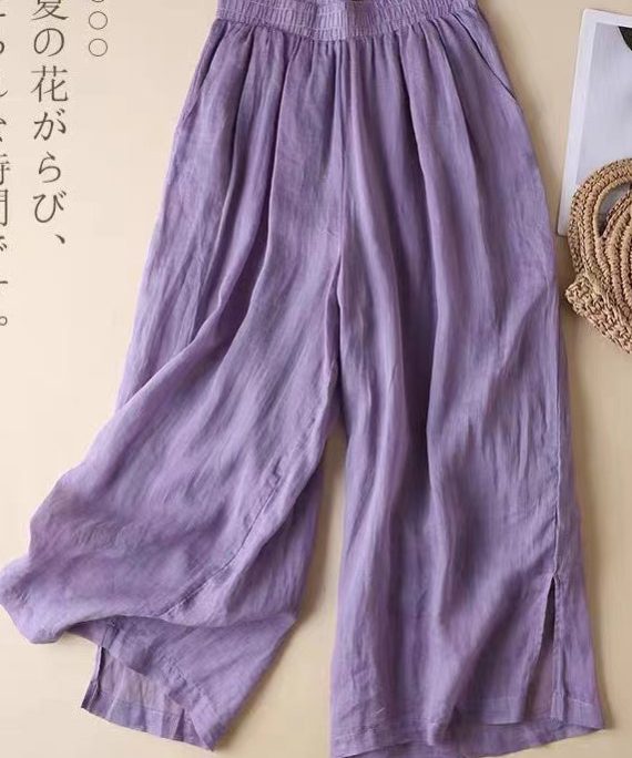 Beautiful Lavender Elastic Waist Side Open Linen Straight Pants Summer