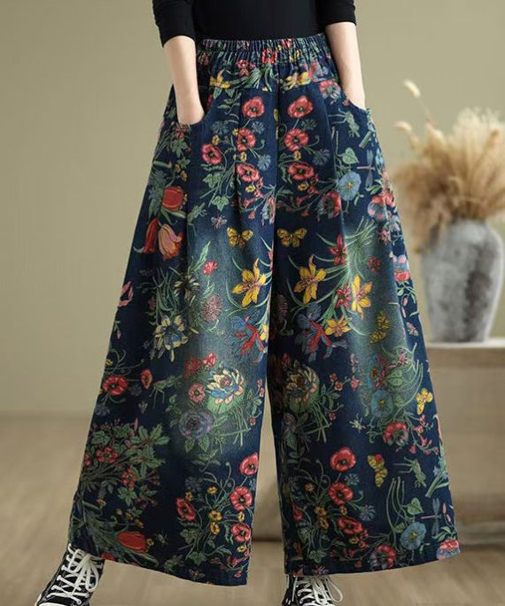Beautiful Navy Oversized Print Denim Wide Leg Pants Summer