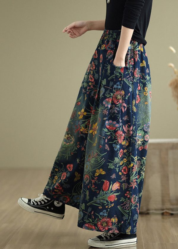 Beautiful Navy Oversized Print Denim Wide Leg Pants Summer - Image 3