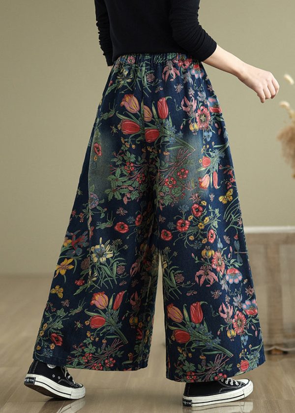 Beautiful Navy Oversized Print Denim Wide Leg Pants Summer - Image 4