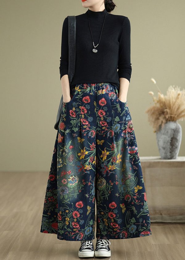 Beautiful Navy Oversized Print Denim Wide Leg Pants Summer - Image 5