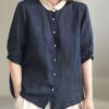 Beautiful Navy Peter Pan Collar Button Loose Fall Half Sleeve Shirt Tops