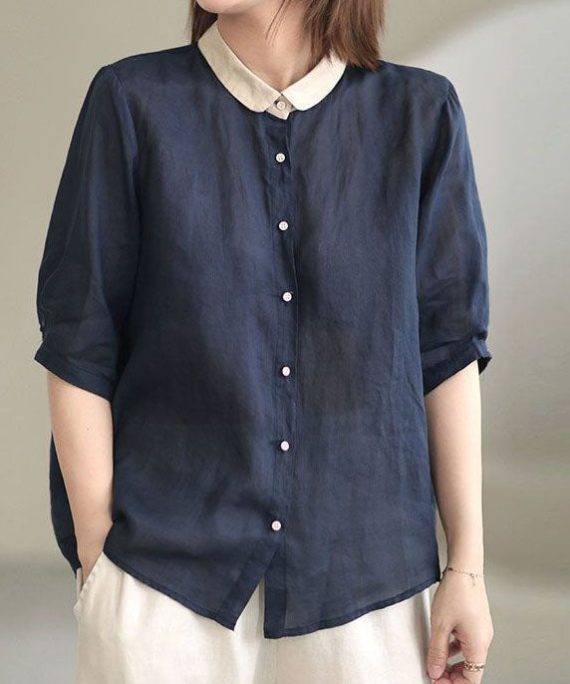 Beautiful Navy Peter Pan Collar Button Loose Fall Half Sleeve Shirt Tops