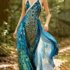 Beautiful Peacock Blue Print Chiffon Halter Dresses Summer