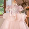 Beautiful Pink Print Button Tulle Girls Long Dress Puff Sleeve